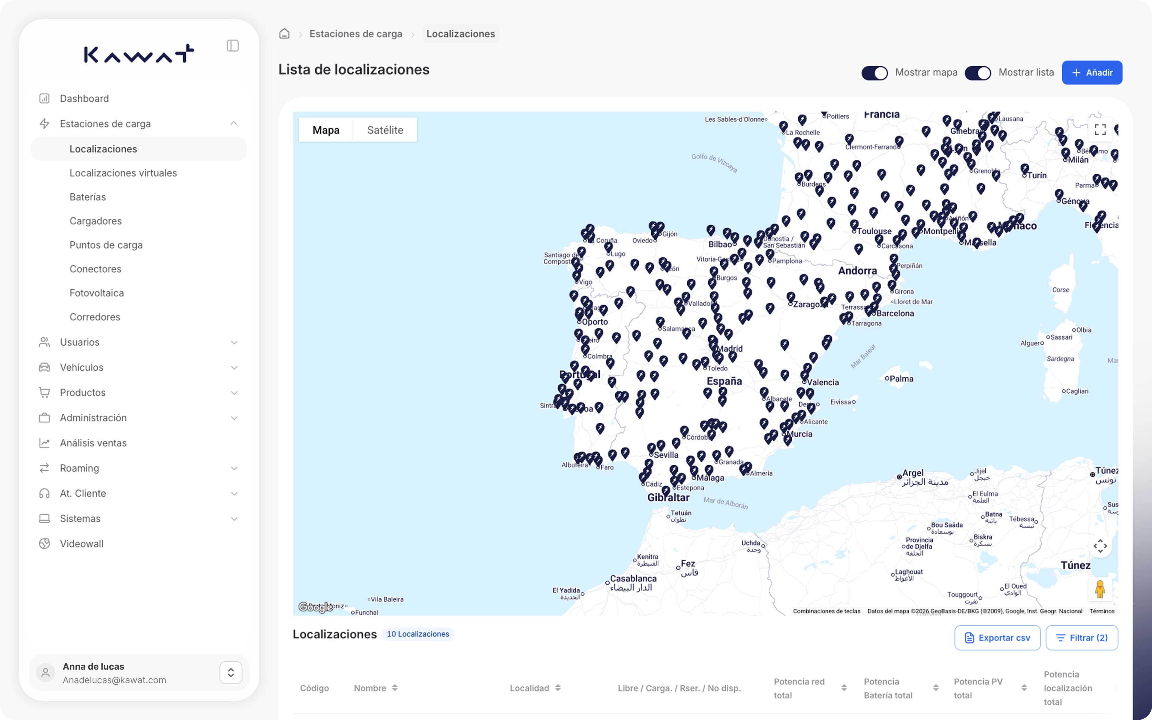 Mapa de estaciones de carga eléctrica — KAWAT CPMS