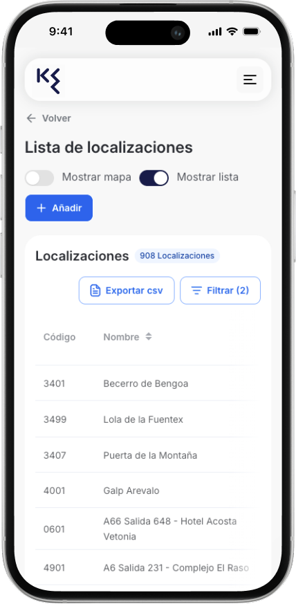 App móvil de KAWAT — gestión de localizaciones y puntos de carga eléctrica